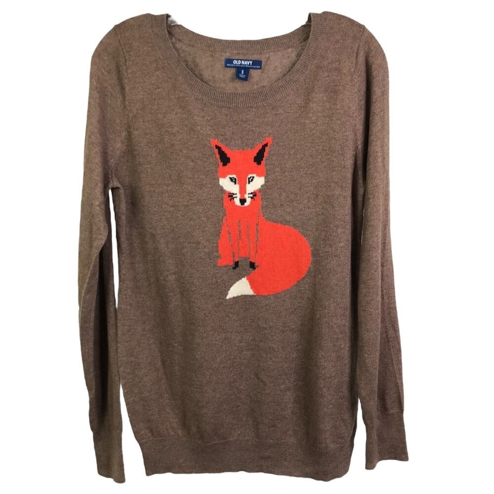 Old Navy Sweater Womens M Brown Orange Fox Graphic Pullover Long Sleeve Knit - Picture 2 of 12